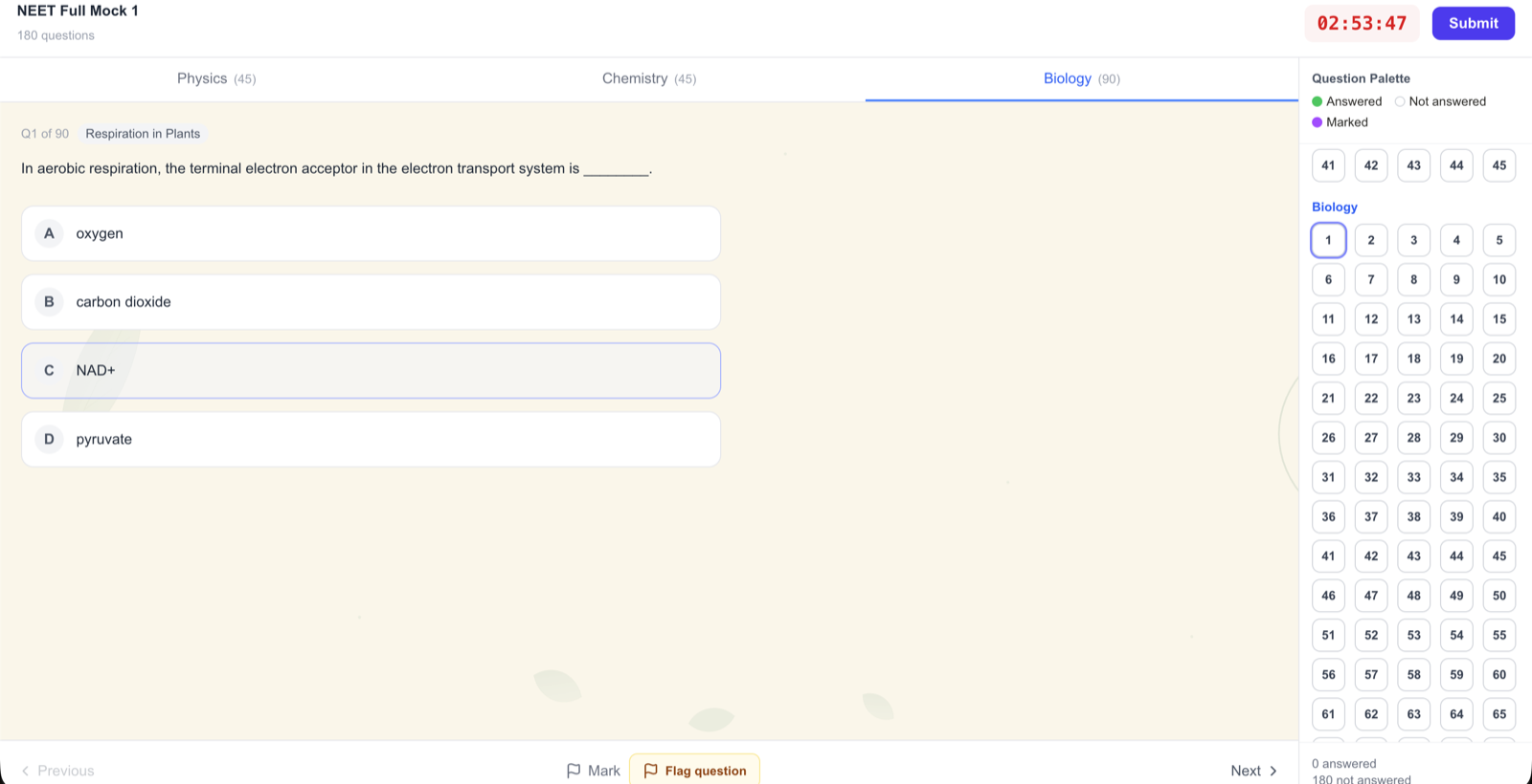 PracticeNEET computer-based test interface: a NEET Biology question with an on-screen timer, Physics, Chemistry and Biology section tabs, and a question palette showing answered, marked and not-answered states.